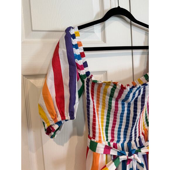 Vintage Y2K NY & Co Rainbow Striped Off Shoulder Maxi Dress Tiered Smock Belted - Picture 6 of 7